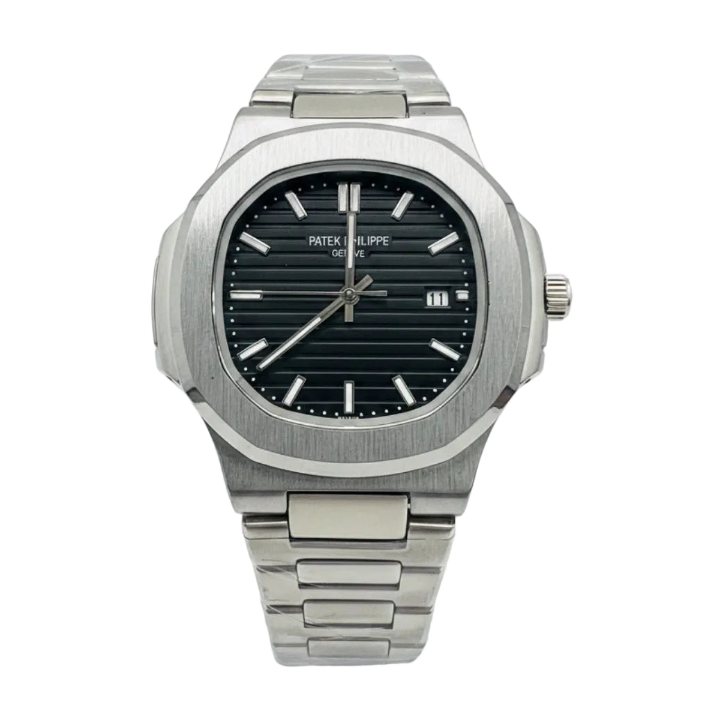 Nautilus Style Black Dial Semi-Automatic Stainless Steel Bracelet Watch
