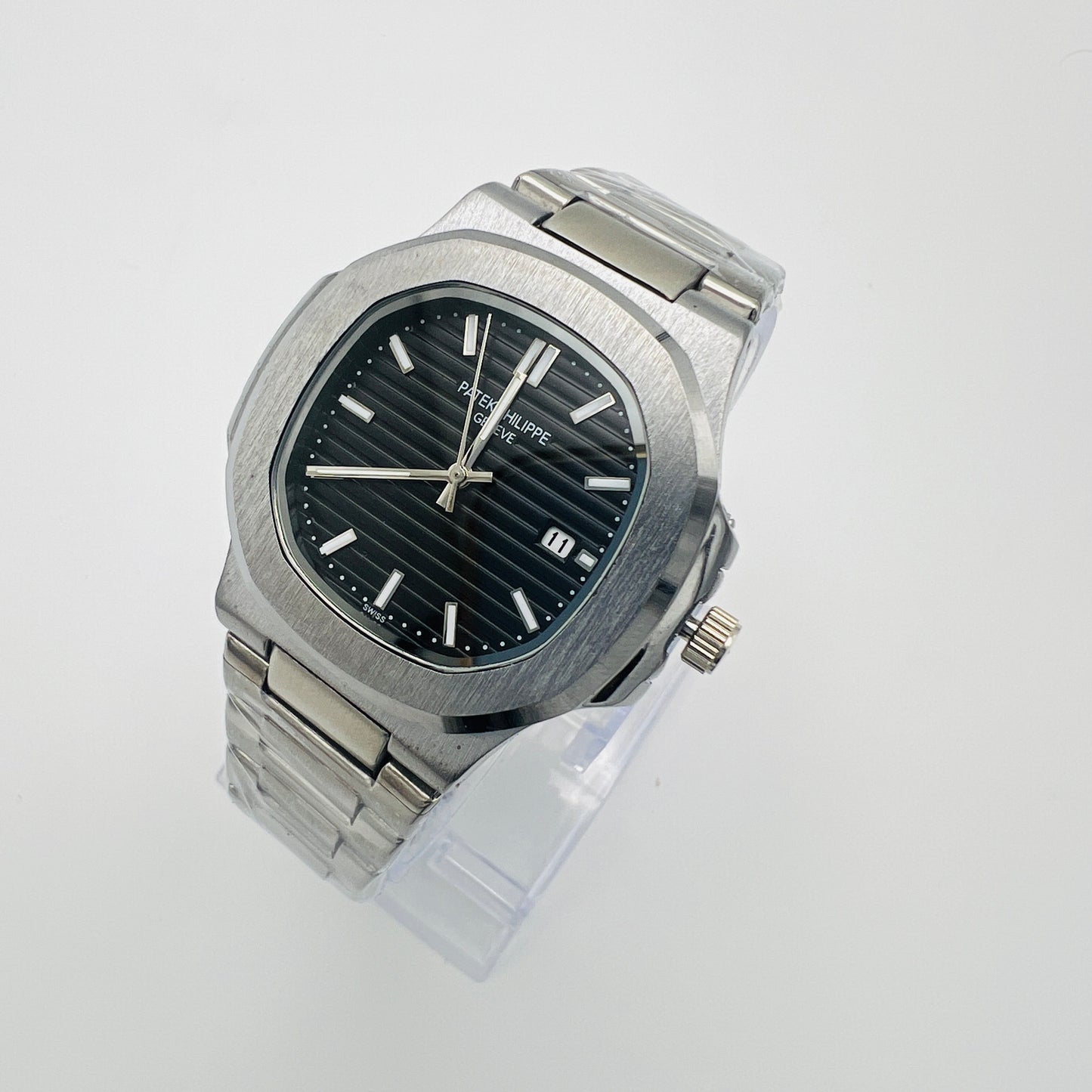 Nautilus Style Black Dial Semi-Automatic Stainless Steel Bracelet Watch