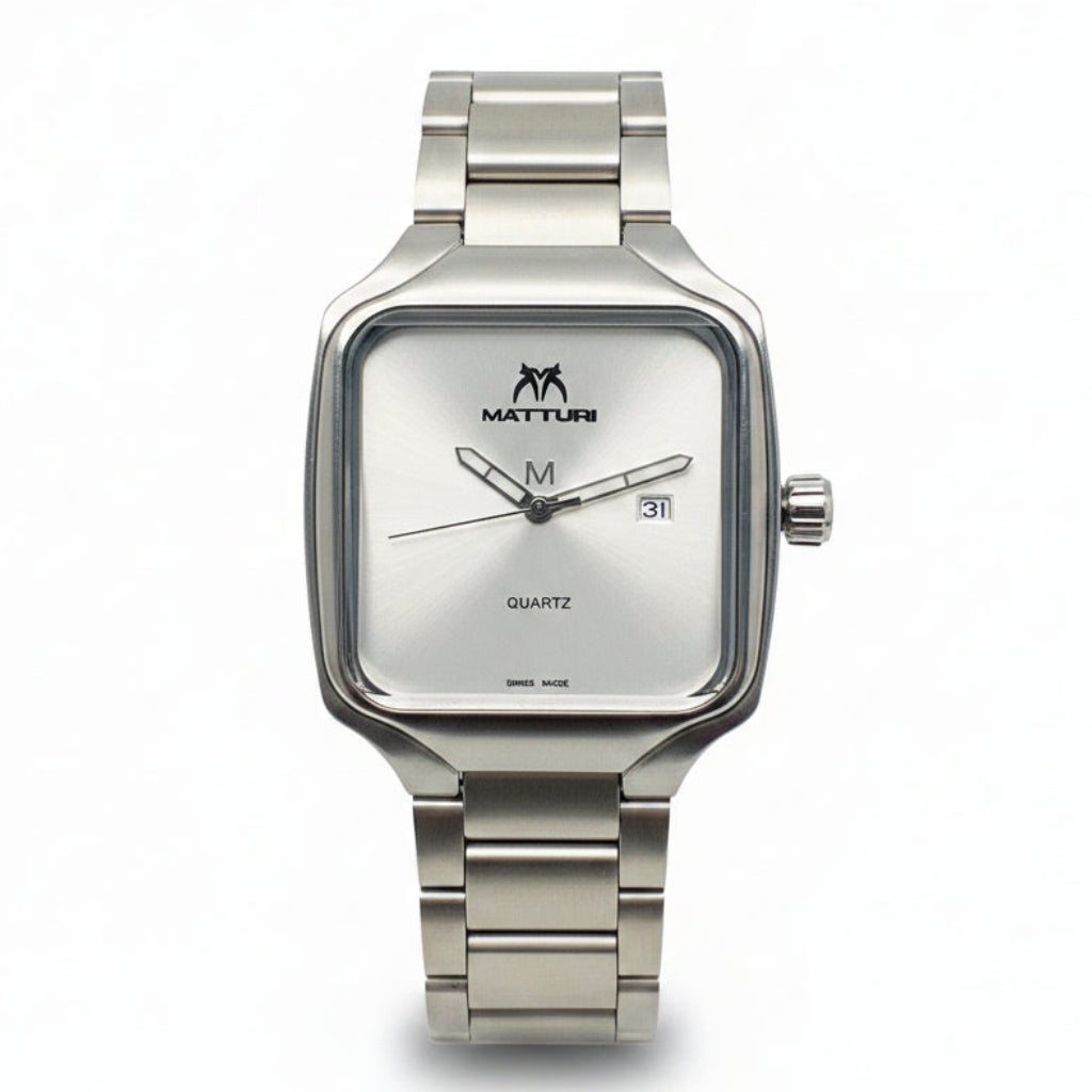 Square Silver Dial Date Display Quartz Stainless Steel Bracelet Watch