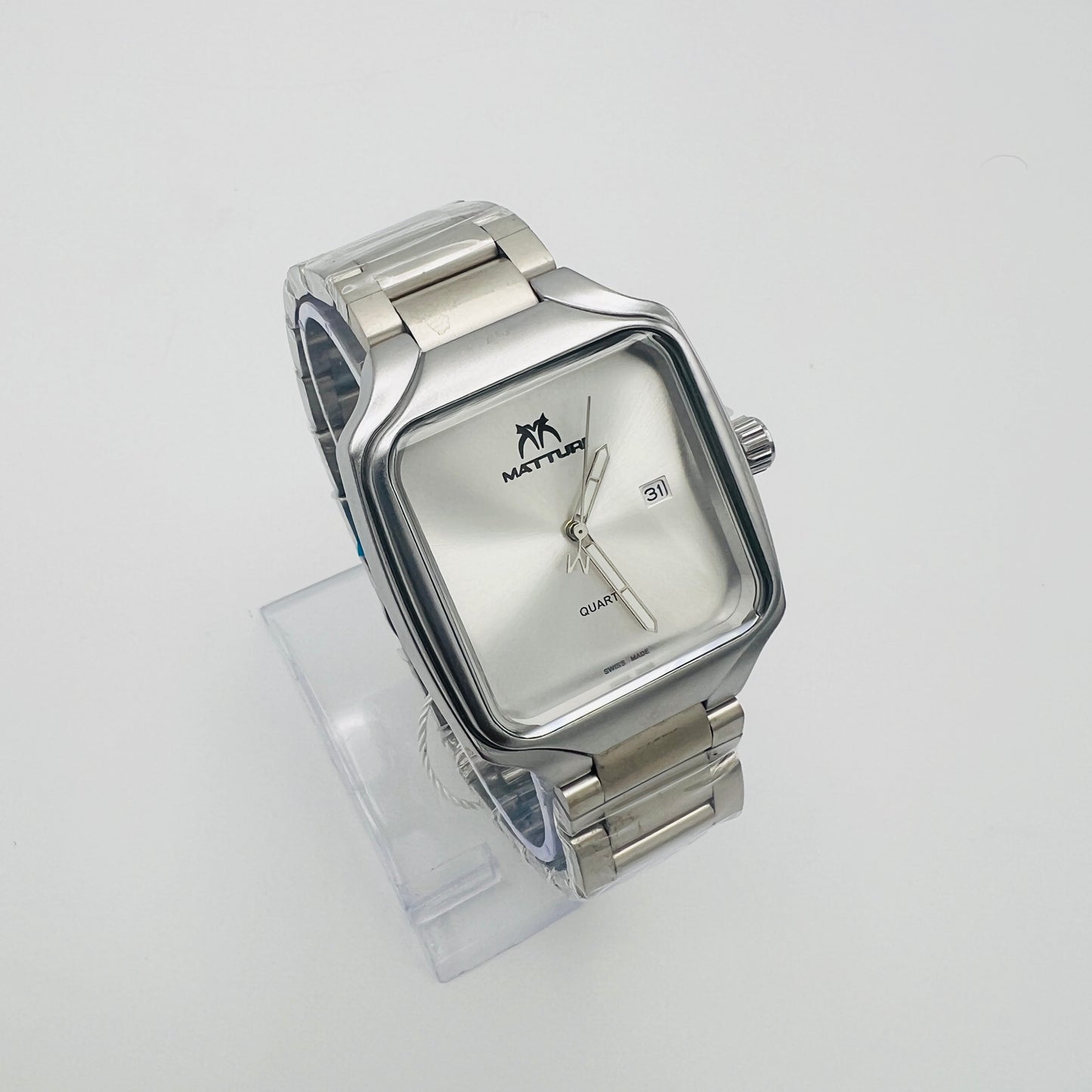 Square Silver Dial Date Display Quartz Stainless Steel Bracelet Watch