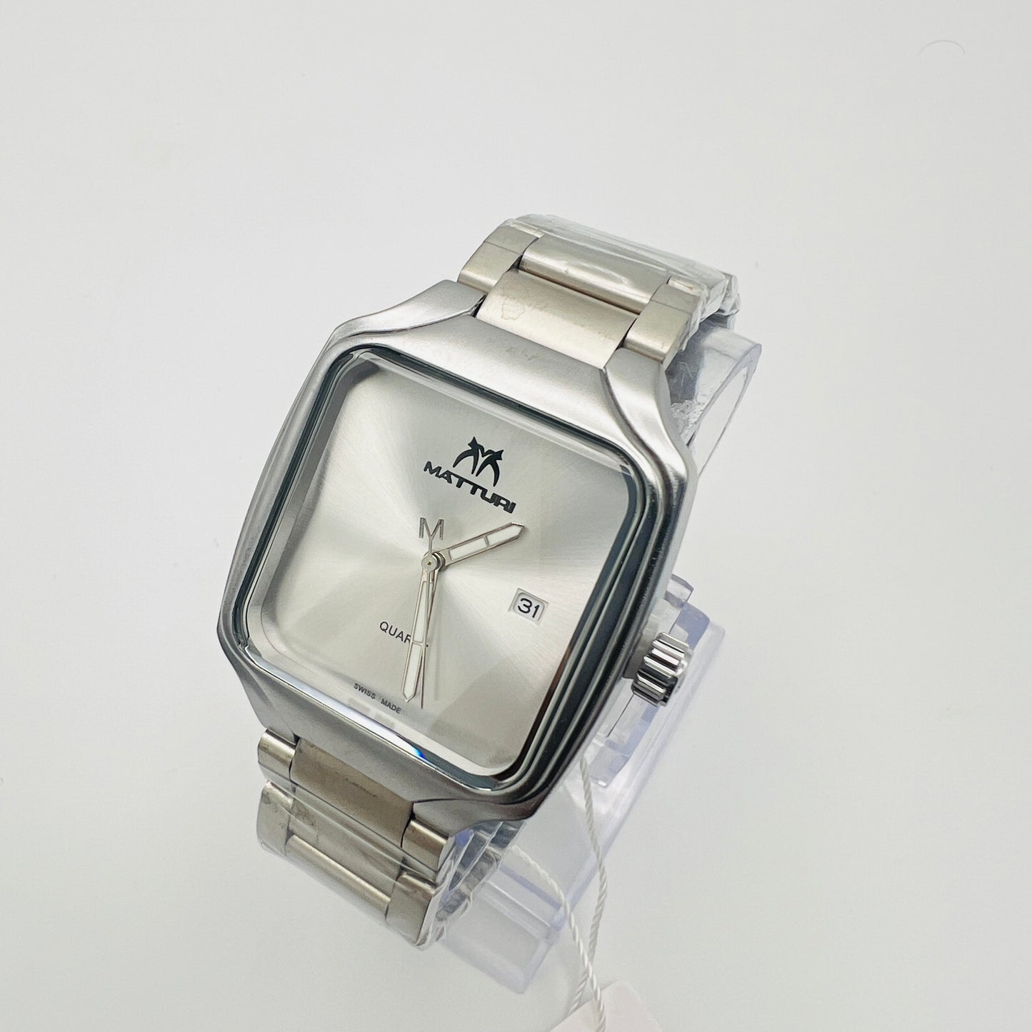 Square Silver Dial Date Display Quartz Stainless Steel Bracelet Watch