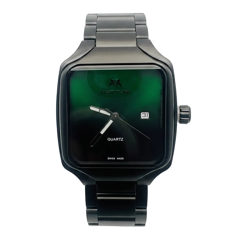 Square Green Dial Date Display Quartz Stainless Steel Bracelet Watch