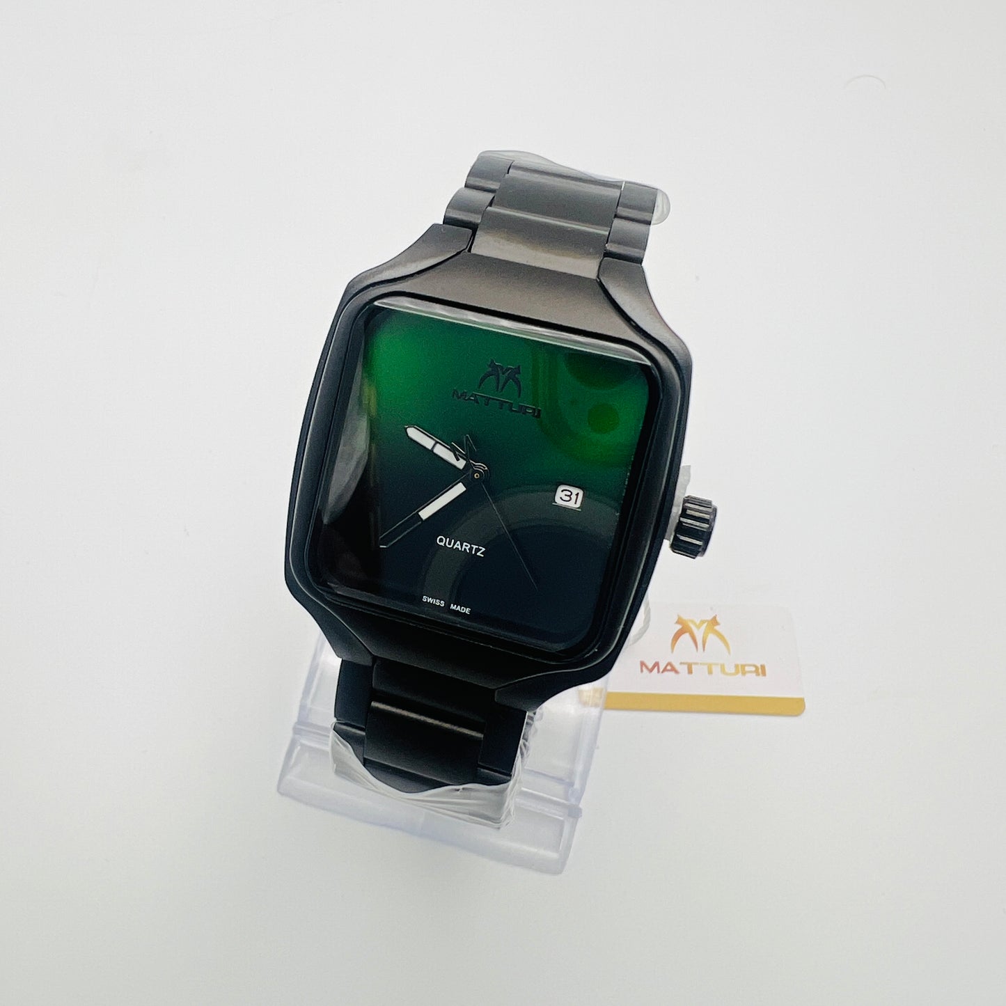 Square Green Dial Date Display Quartz Stainless Steel Bracelet Watch