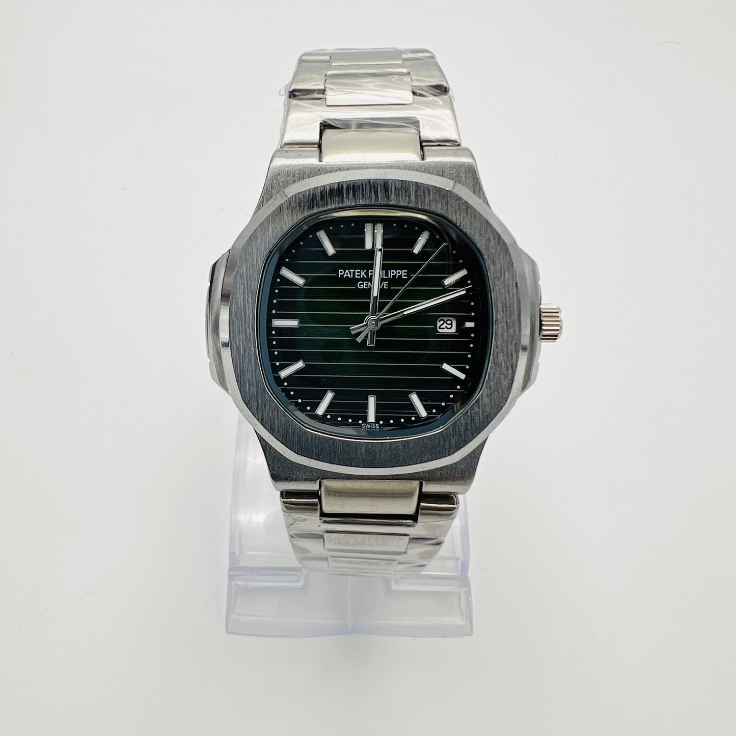 Nautilus Style Black Dial Semi-Automatic Stainless Steel Bracelet Watch
