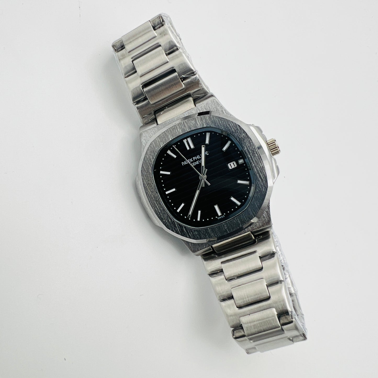 Nautilus Style Black Dial Semi-Automatic Stainless Steel Bracelet Watch