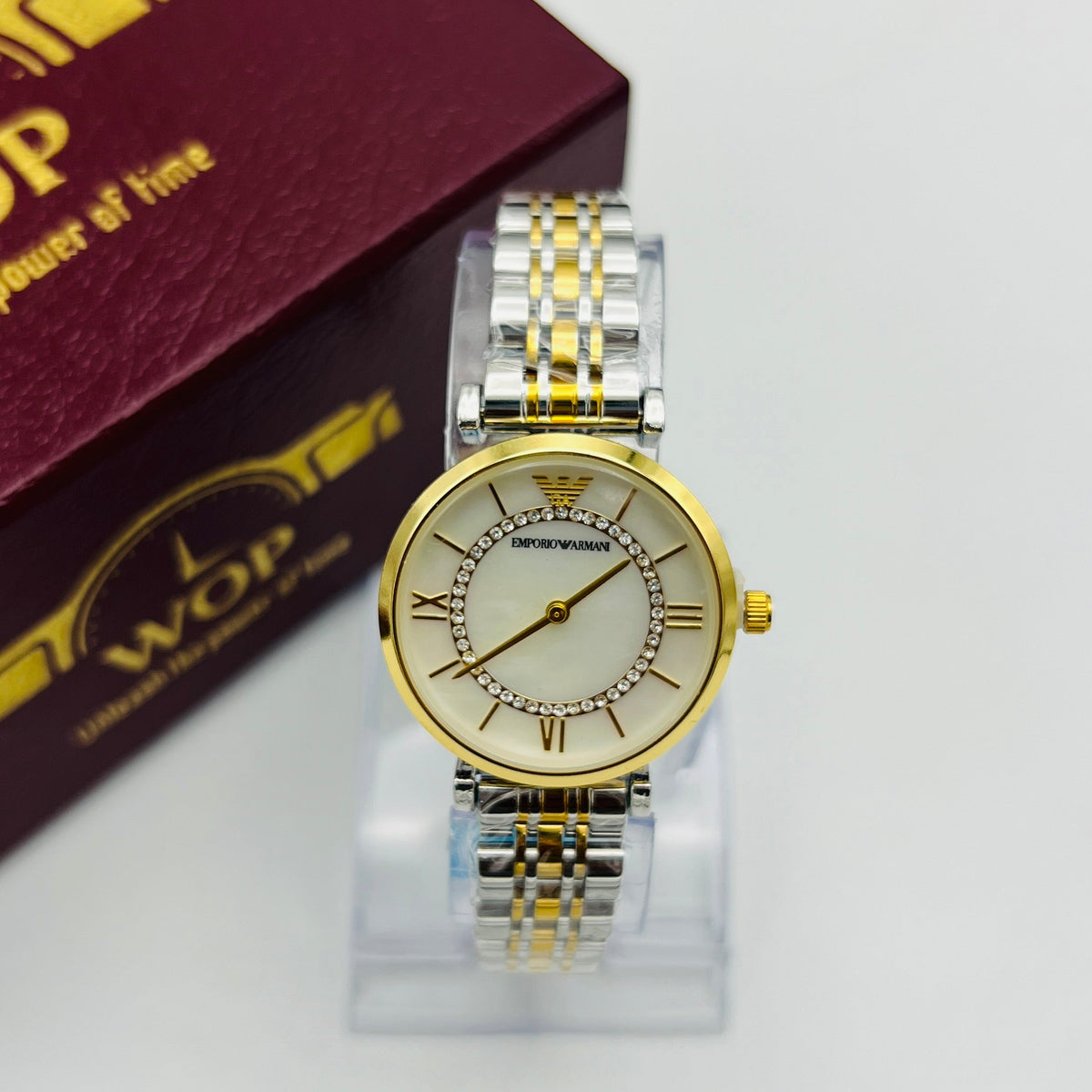 Ladies White Dial Roman Numerals Crystal Accents Two-Tone Stainless Steel Bracelet Watch