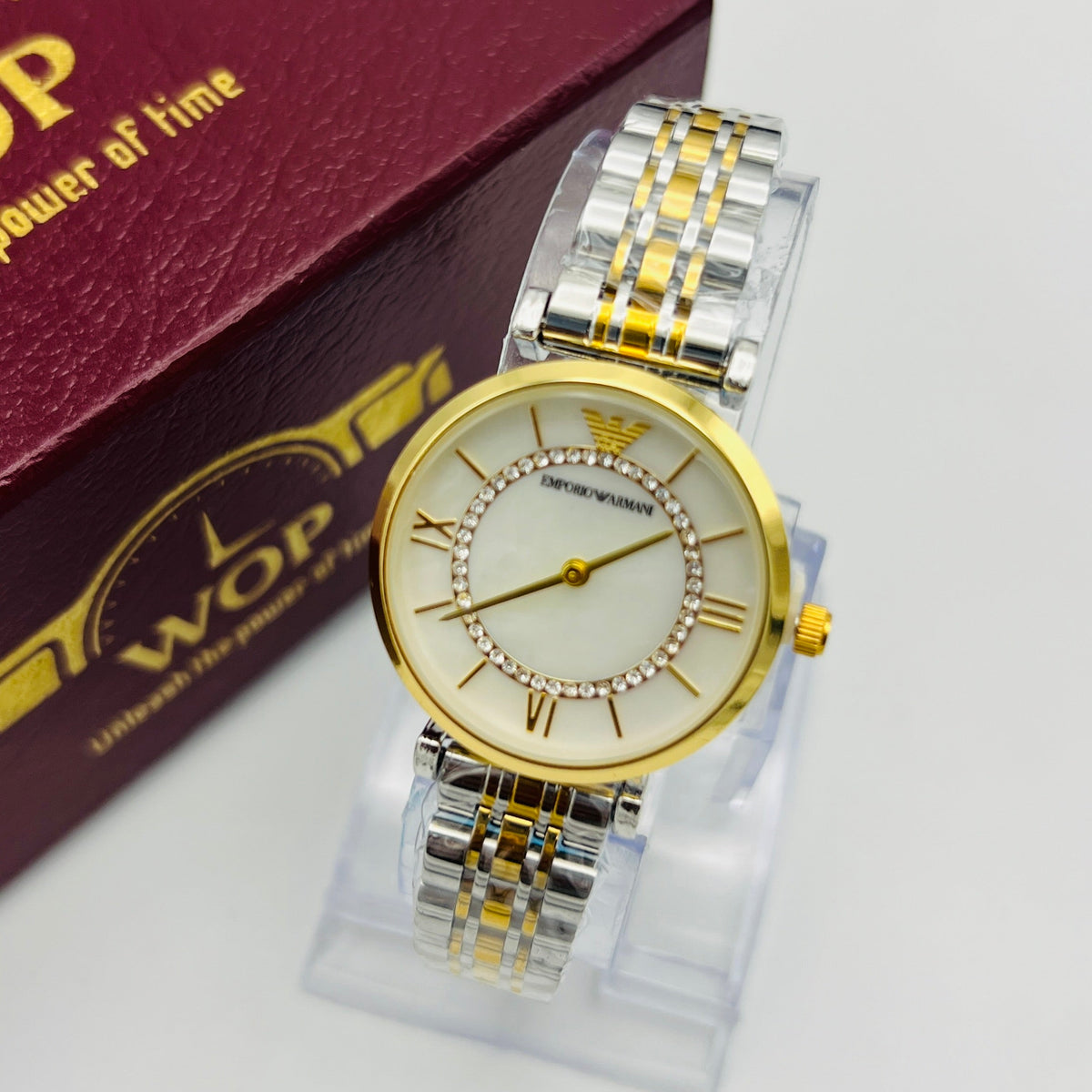 Ladies White Dial Roman Numerals Crystal Accents Two-Tone Stainless Steel Bracelet Watch