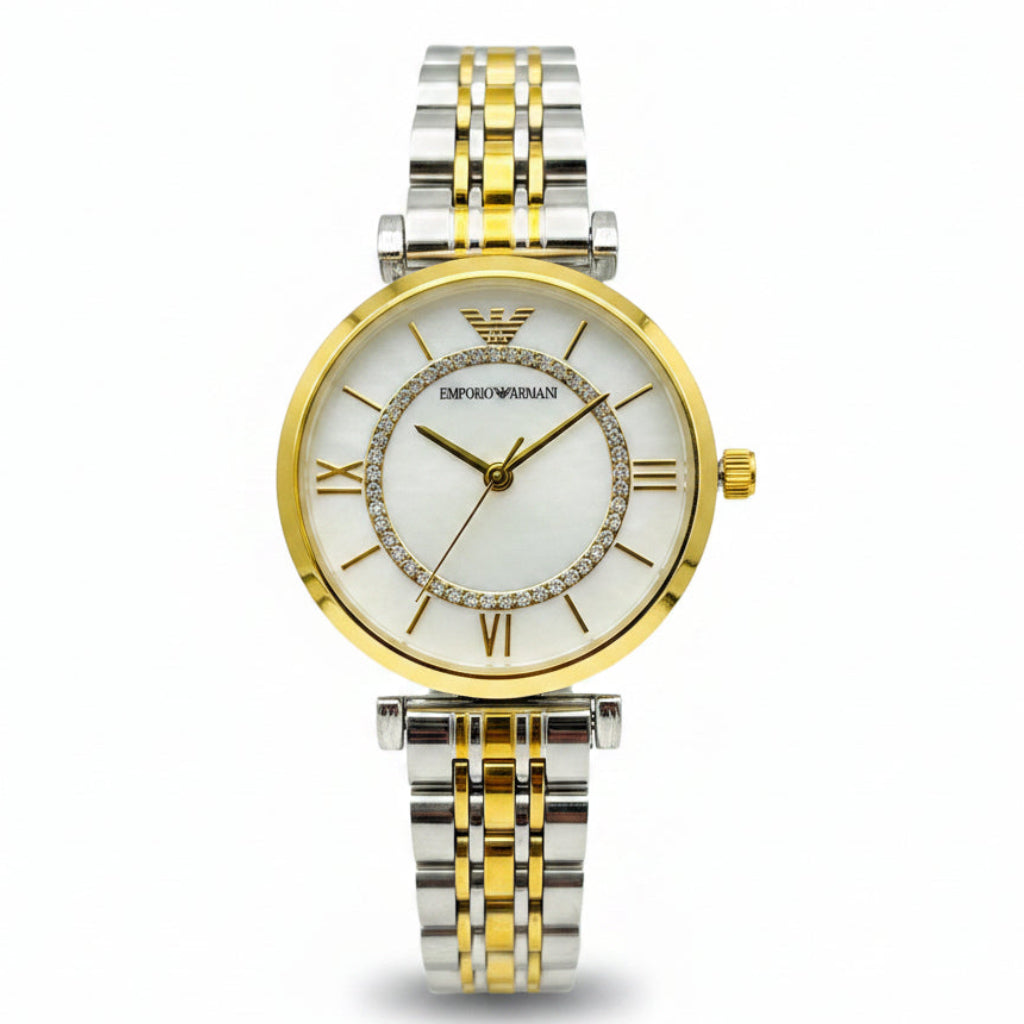 Ladies White Dial Roman Numerals Crystal Accents Two-Tone Stainless Steel Bracelet Watch