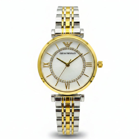 Ladies White Dial Roman Numerals Crystal Accents Two-Tone Stainless Steel Bracelet Watch