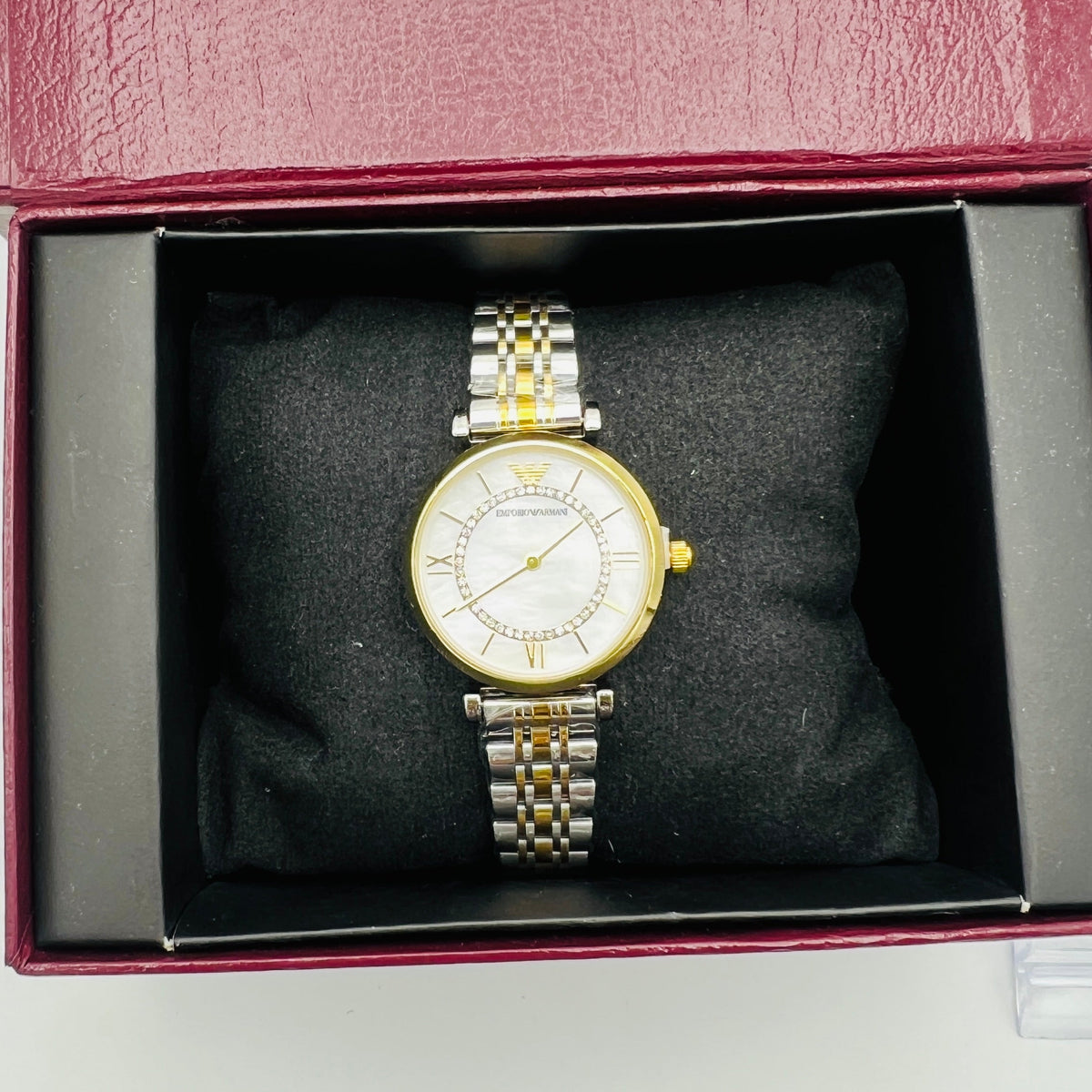Ladies White Dial Roman Numerals Crystal Accents Two-Tone Stainless Steel Bracelet Watch