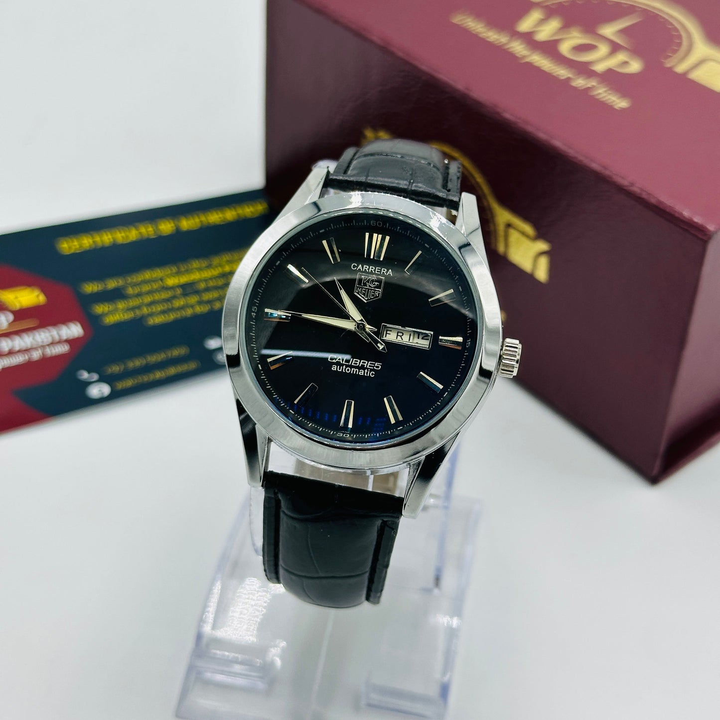 Carrera Black Dial Day-Date Leather Strap Watch