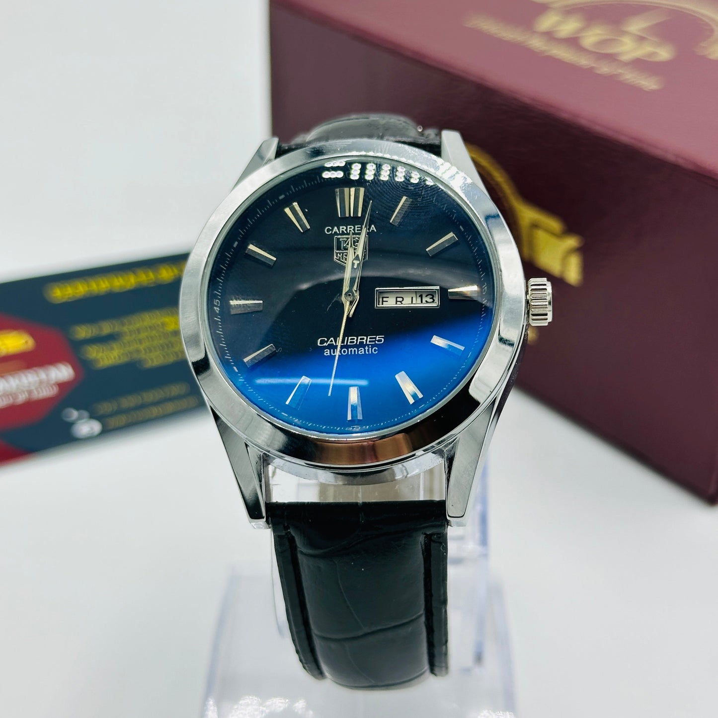 Carrera Black Dial Day-Date Leather Strap Watch