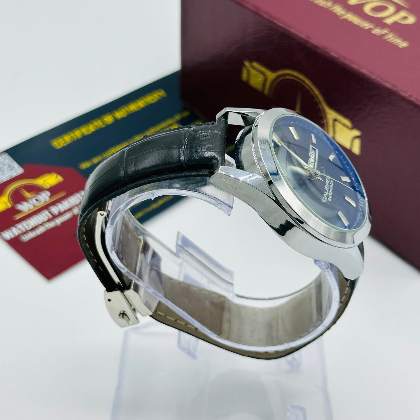Carrera Black Dial Day-Date Leather Strap Watch
