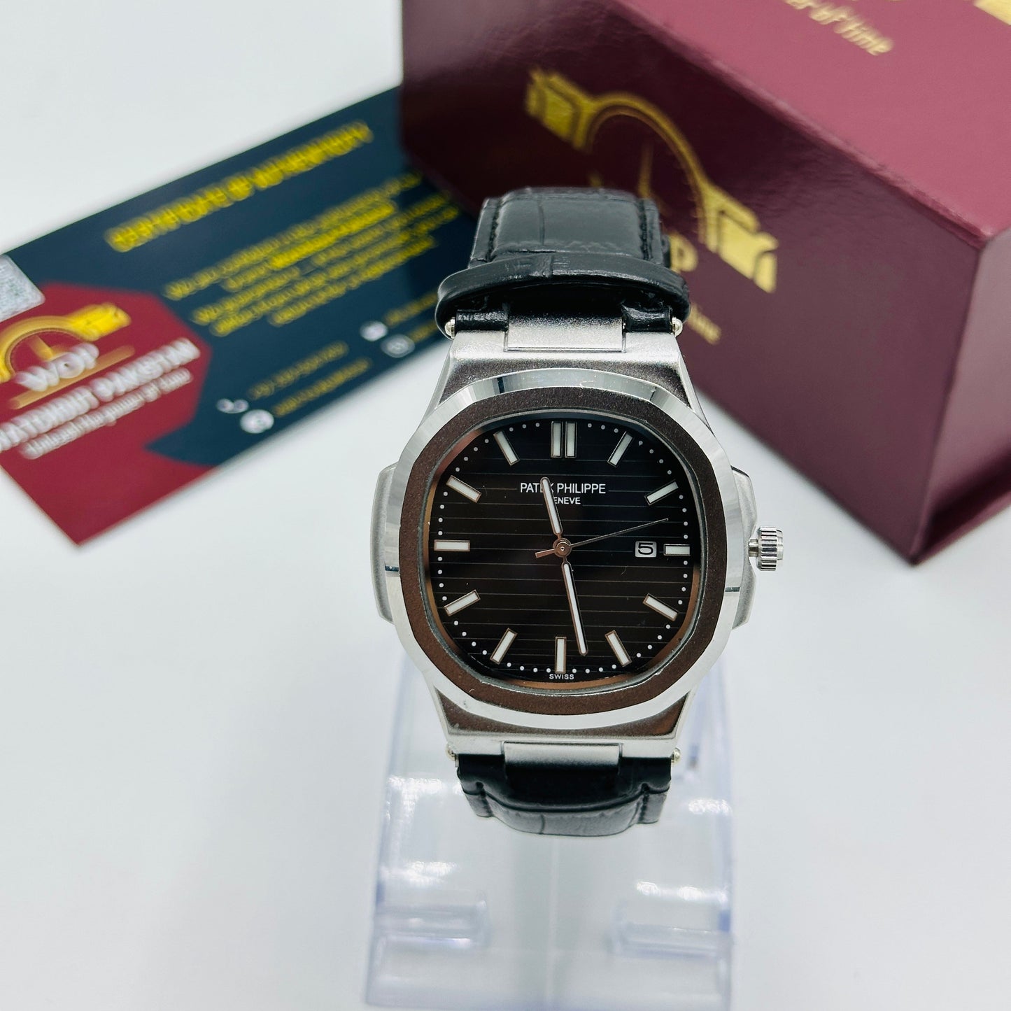 Nautilus Style Black Dial Date Display Leather Strap Watch
