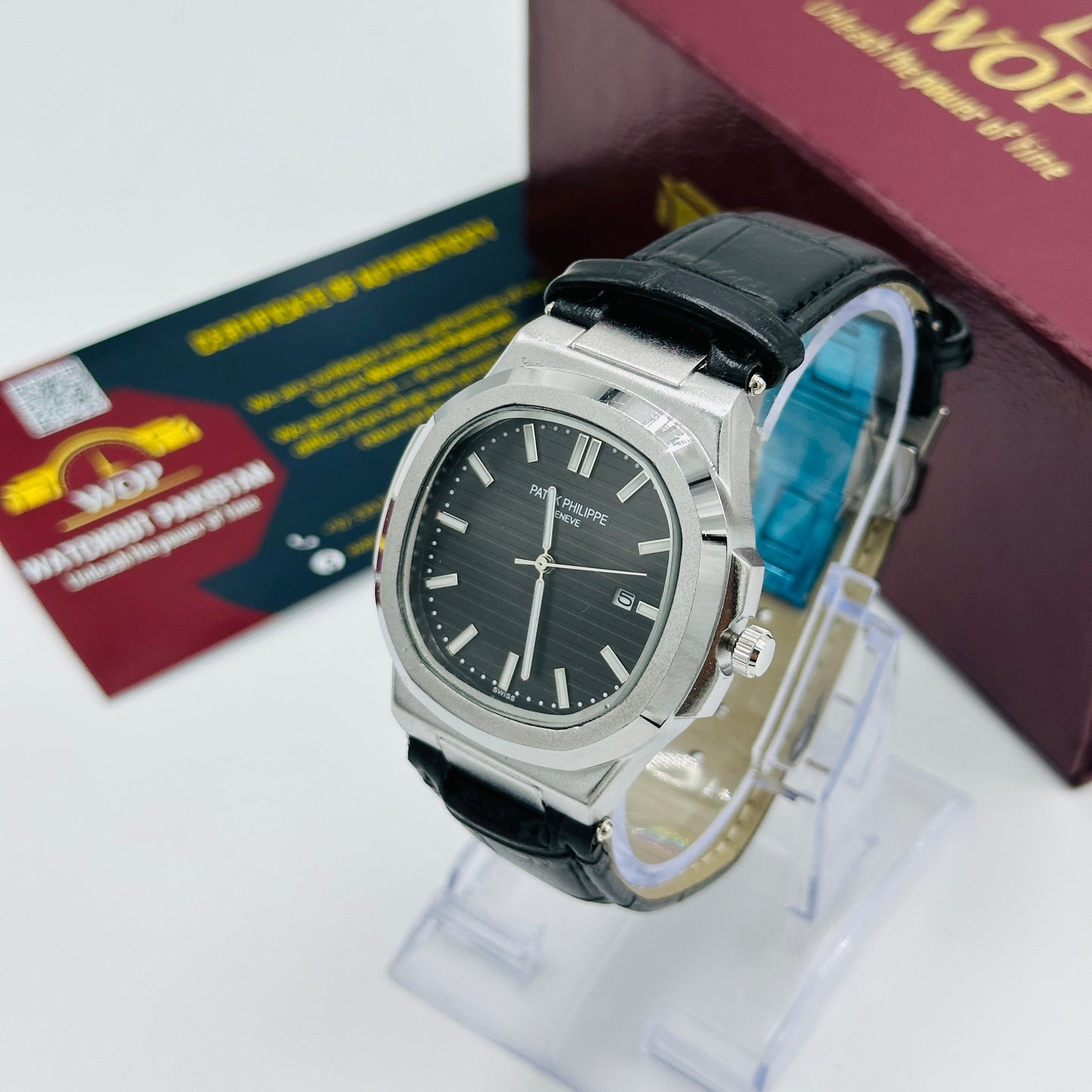 Nautilus Style Black Dial Date Display Leather Strap Watch