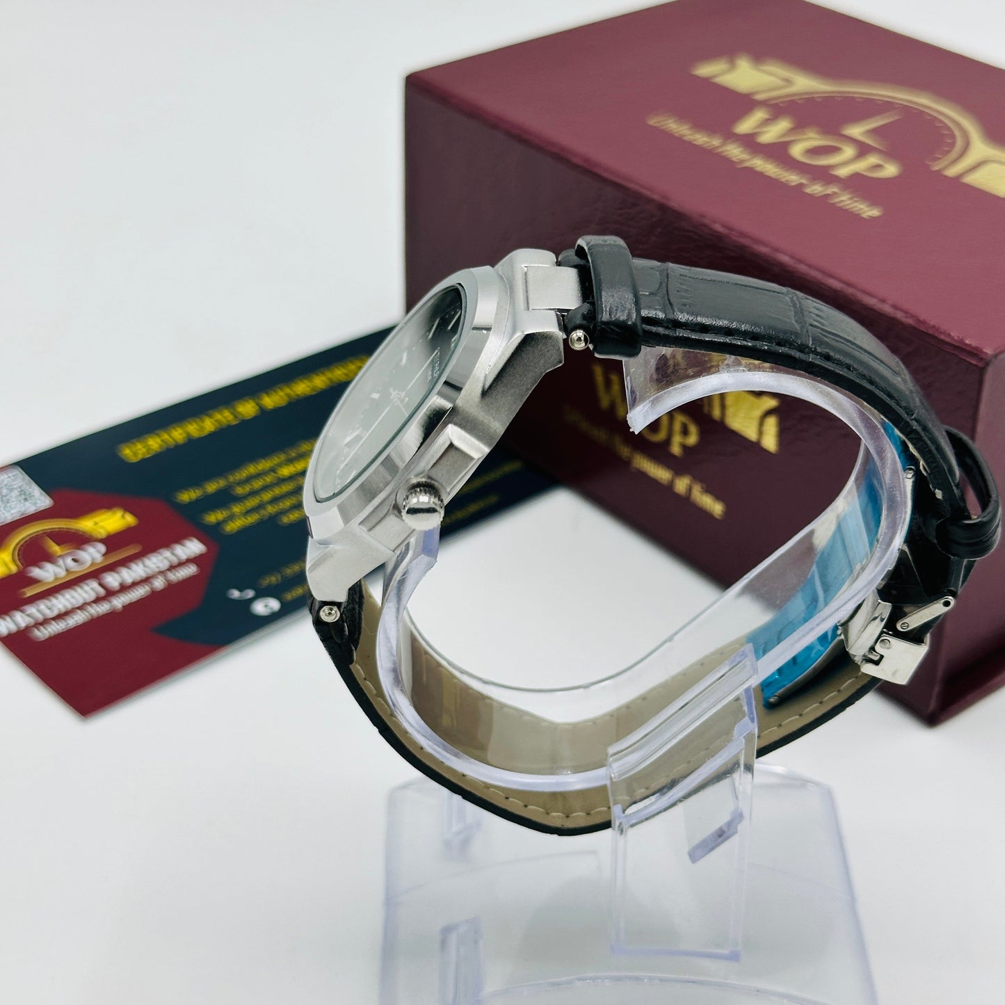 Nautilus Style Black Dial Date Display Leather Strap Watch