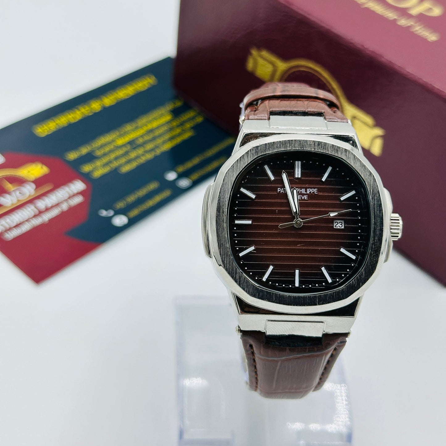 Nautilus Style Brown Dial Date Display Leather Strap Watch