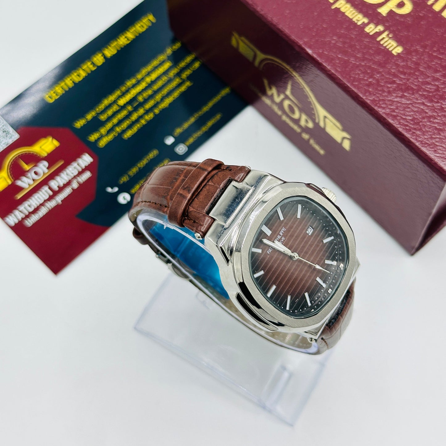 Nautilus Style Brown Dial Date Display Leather Strap Watch