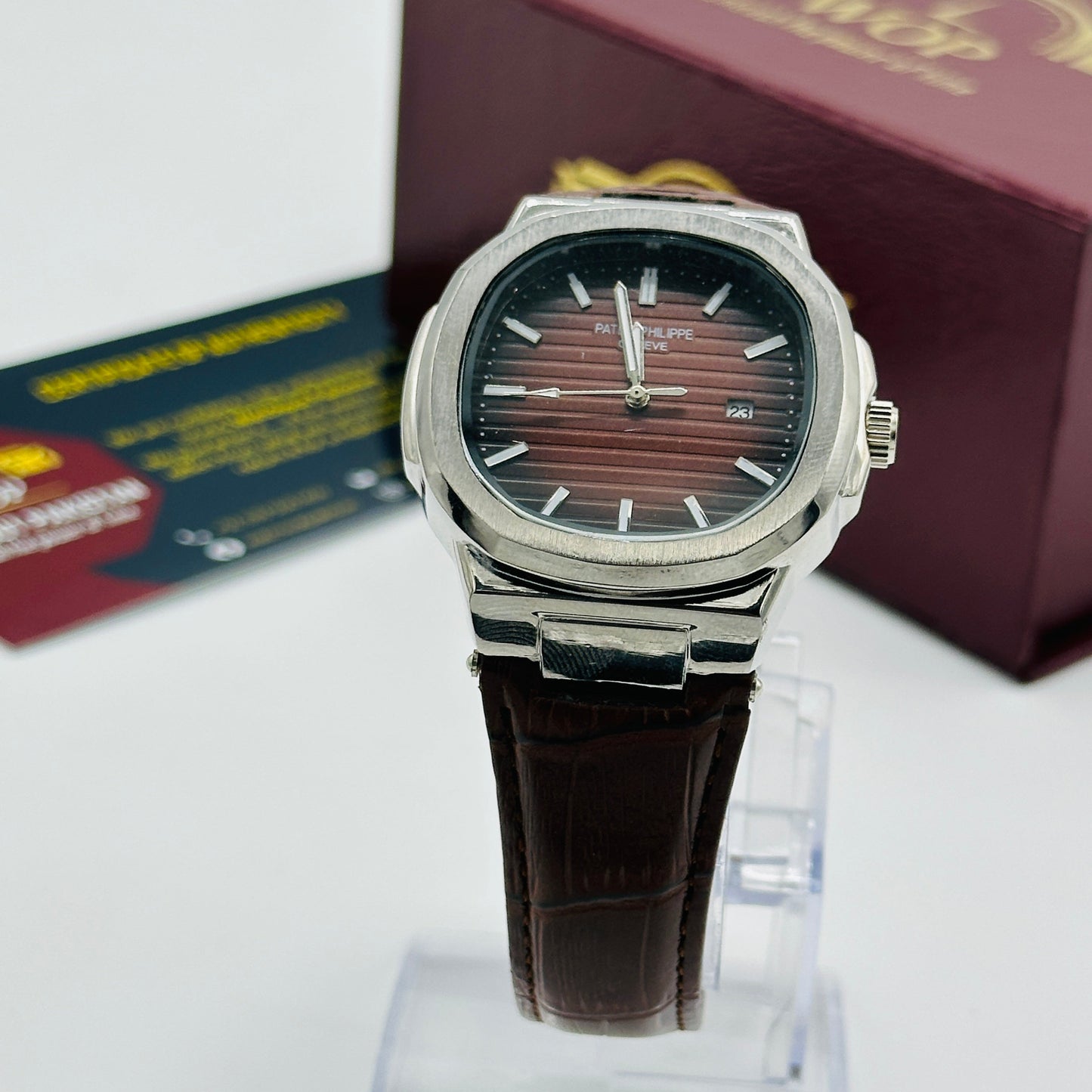 Nautilus Style Brown Dial Date Display Leather Strap Watch