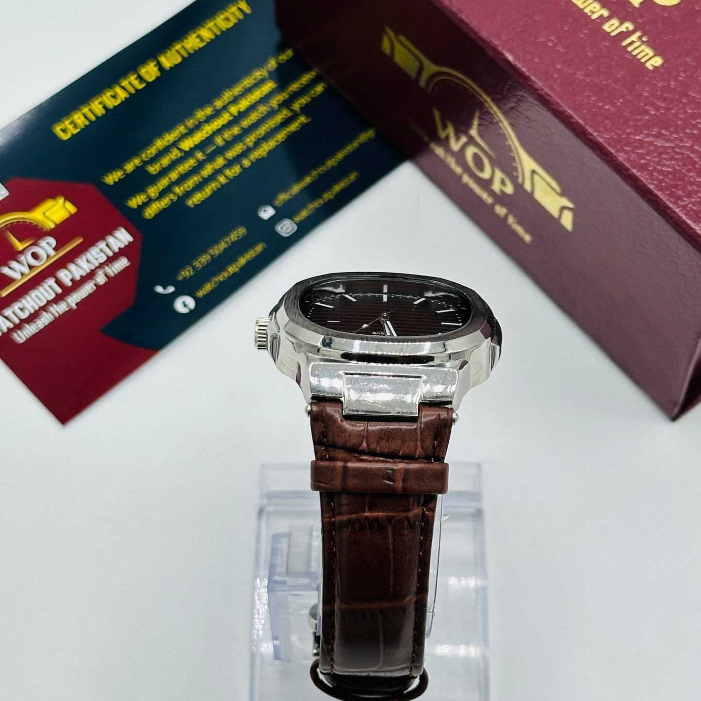 Nautilus Style Brown Dial Date Display Leather Strap Watch