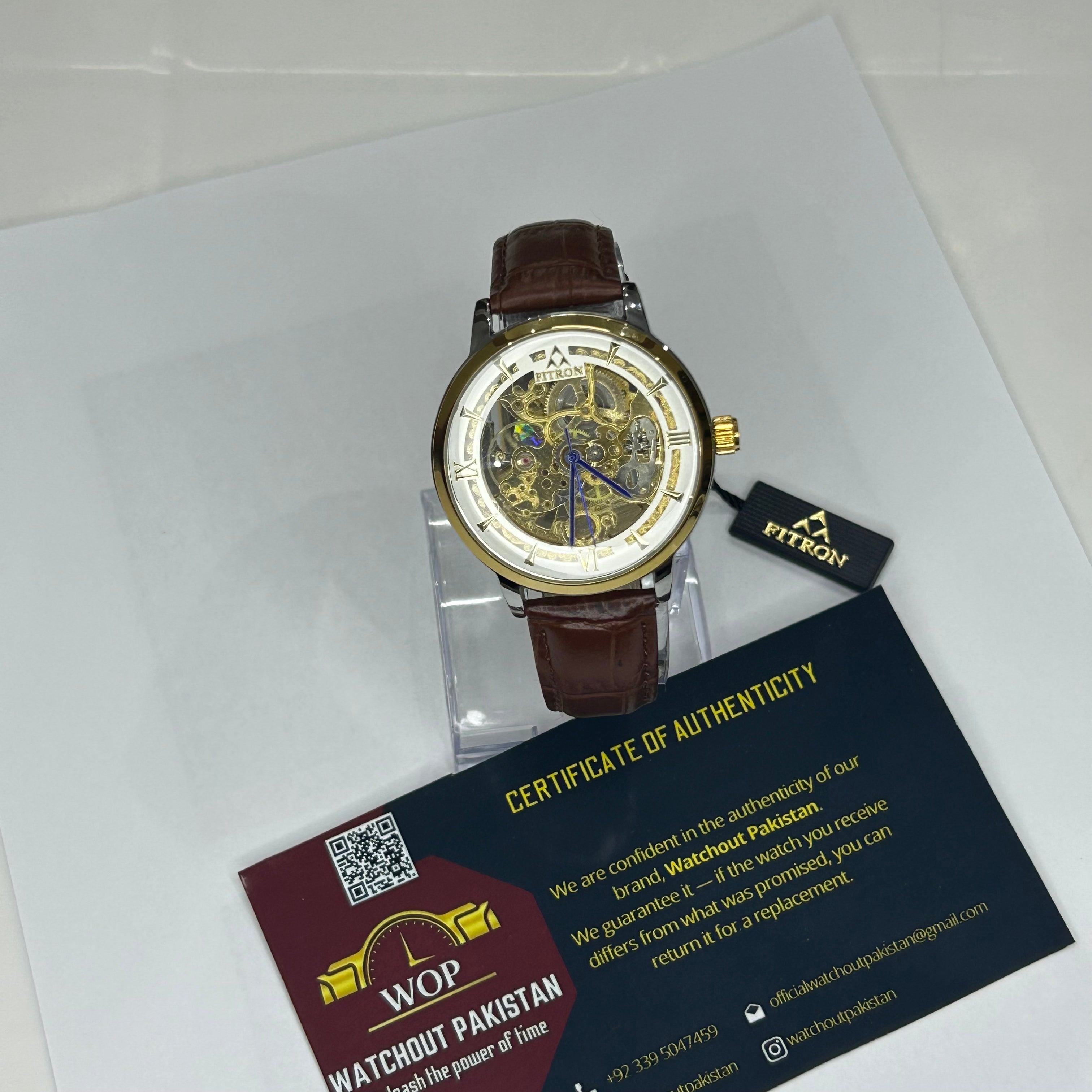 TORUS - Golden Mechanical Watch with Brown Strap By Fitron