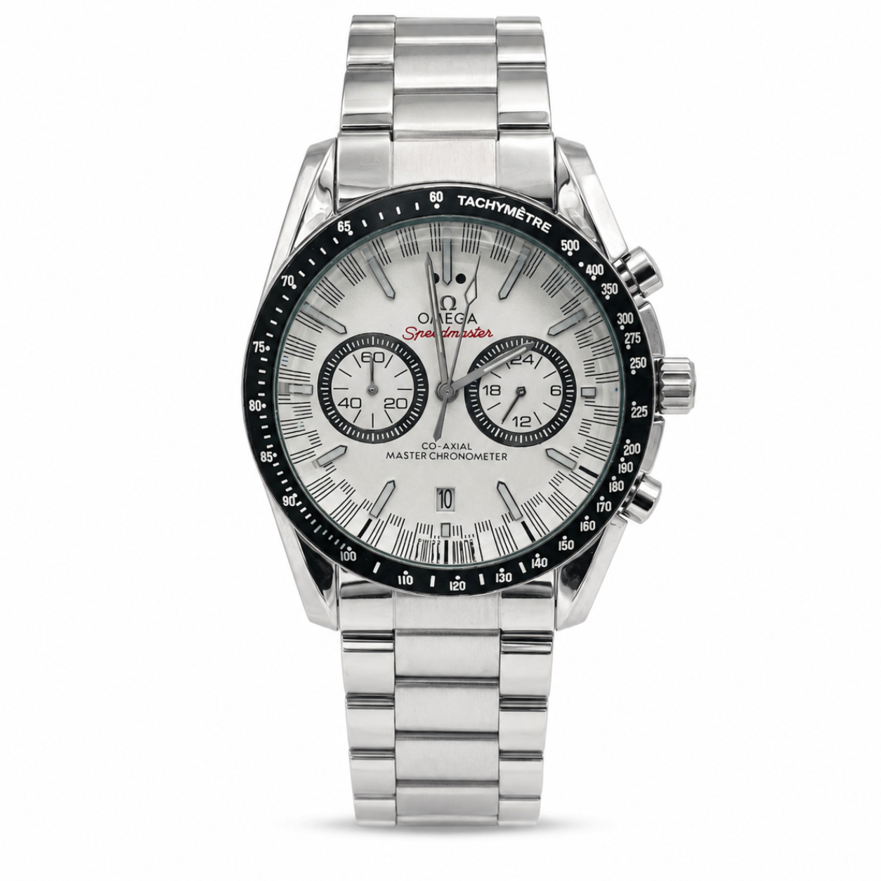 Racing Chronograph White Dial Black Tachymeter Stainless Steel Bracelet Watch